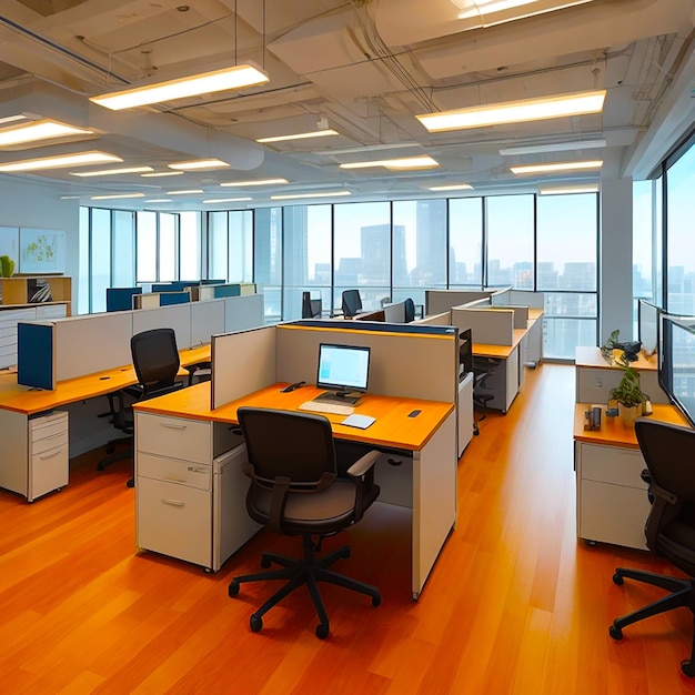 A modern office space with ergonomic desks vibrant accents and natural light generated by AI