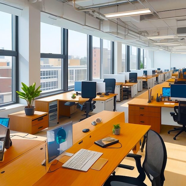 A modern office space with ergonomic desks vibrant accents and natural light generated by AI