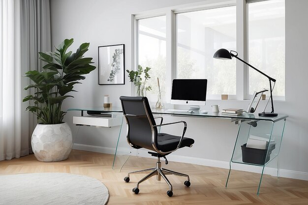 Modern office space with a glass desk and ergonomic chair