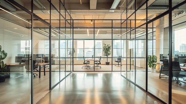 A modern office space with glass walls and a view of the city There are two chairs in the center of the room and plants and desks along the sides