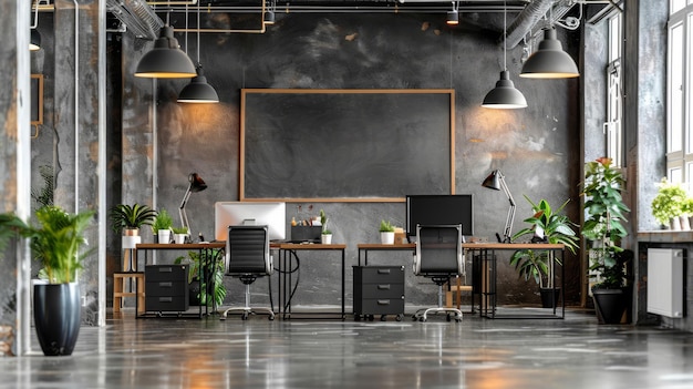 Modern Office Space with Industrial Design and Green Plant Accents