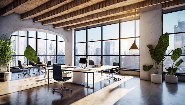 Modern office space with large windows and creative design