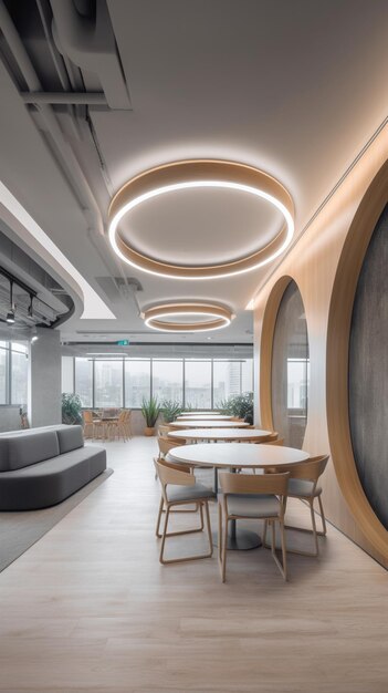 A modern office space with a round table and chairs and a large window