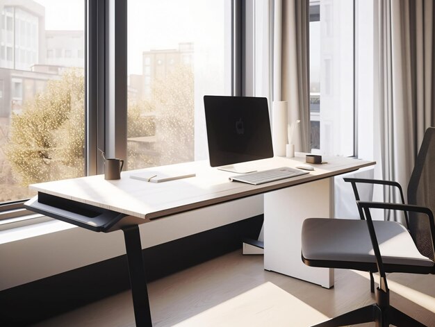 A modern office space with a sleek desk computer and plenty of natural light