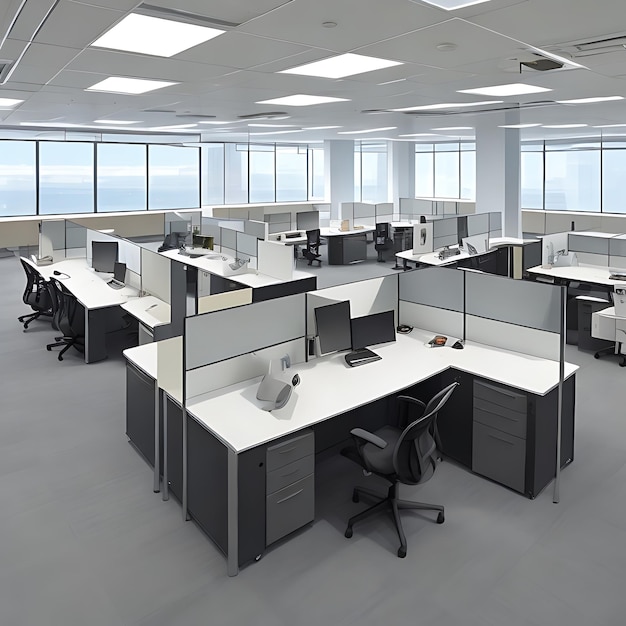 Modern office space with sleek glass partitions ergonomic workstations generative AI