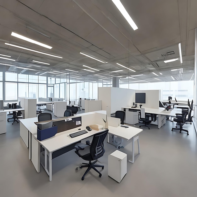 Modern office space with sleek glass partitions ergonomic workstations generative AI