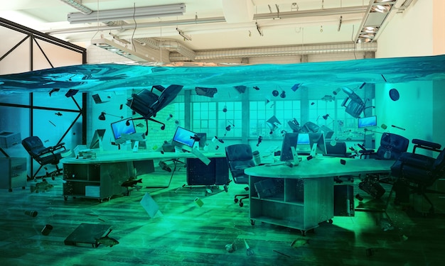 현대적인 사무실이 완전히 물에 잠겼습니다.