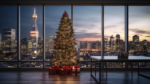 A modern office transforms into a festive wonderland with a Christmas tree and a magnificent view of the city creating a unique holiday