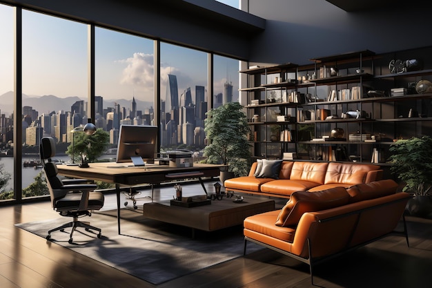 사진 도시 스카이라인을 볼 수 있는 현대적인 사무실 오렌지색 소파와 책장 따뜻한 색상 패