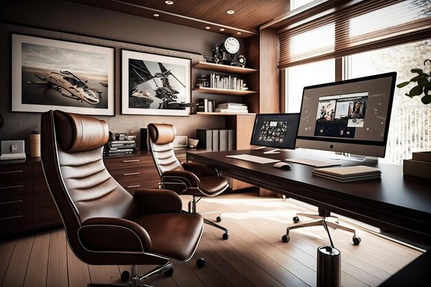 Modern office with brown leather chairs sleek desk and hightech gadgets created with generative ai