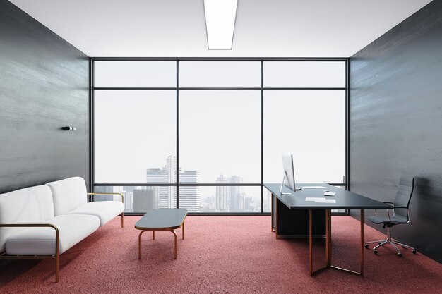Modern office with computer and panoramic city view