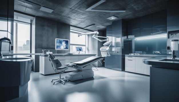 Modern office with futuristic equipment clean design and empty chair generated by artificial intelligence