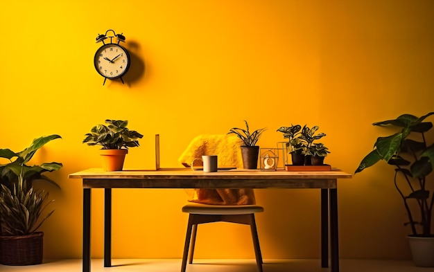 Modern office with green plant on yellow background