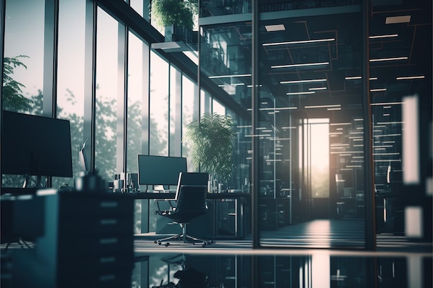 Photo a modern office with large glass windows and walls generative ai