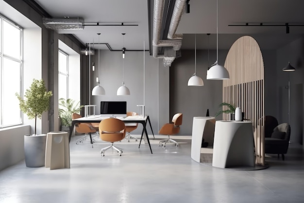 A modern office with a large window and a desk with chairs and a desk with a computer.