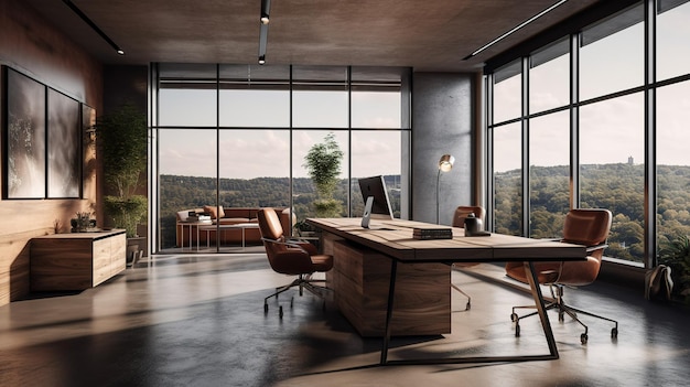 A modern office with a large window overlooking a mountain.
