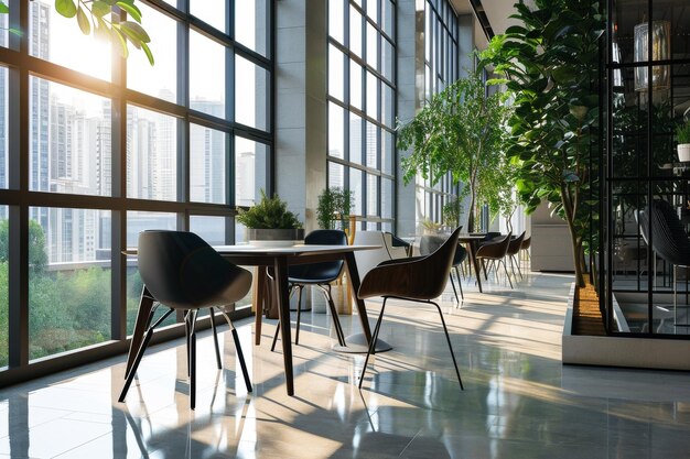 A modern office with a large window and a table with chairs and a plant AI generated