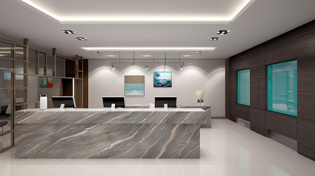 A modern office with a marble counter and a wall with a painting on it.