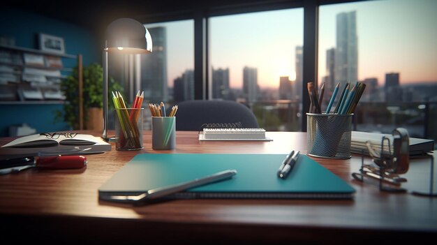 Modern office with office supplies on table with office environment in the background