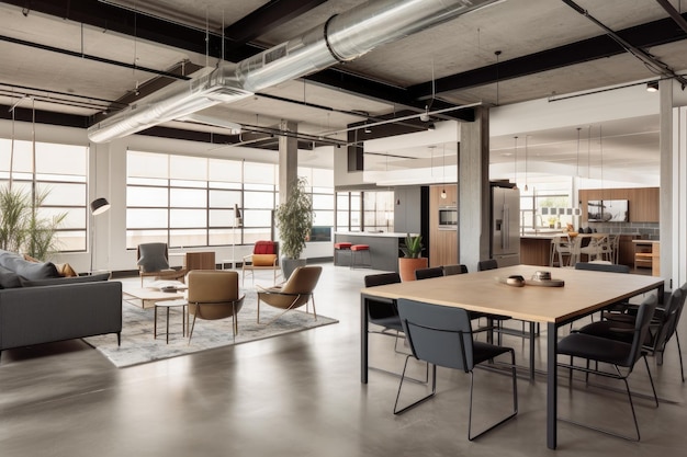 Modern office with open floor plan communal spaces and sleek furnishings created with generative ai