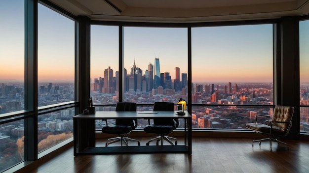 Photo modern office with panoramic windows overlooking a city skyline at sunset