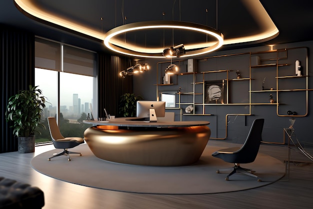 A modern office with a round table and a large round table