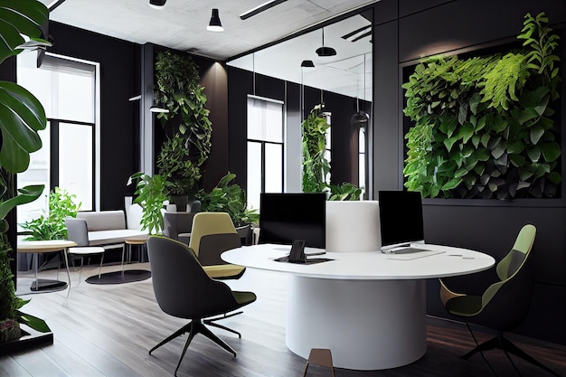 Modern office with sleek furniture and abundance of greenery created with generative ai