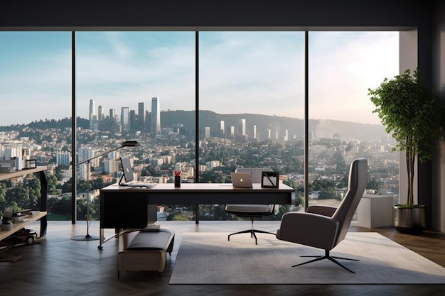 A modern office with a view of a city