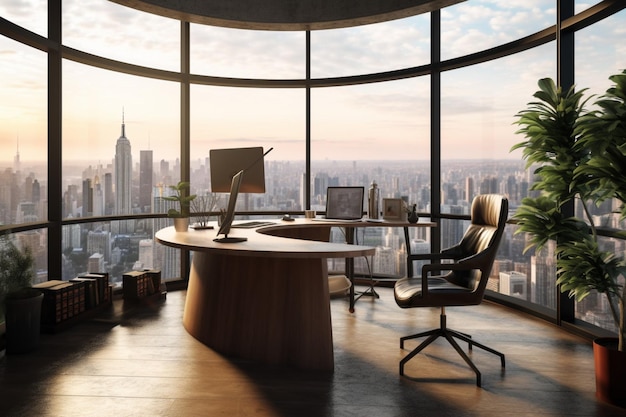 A modern office with a view of a city