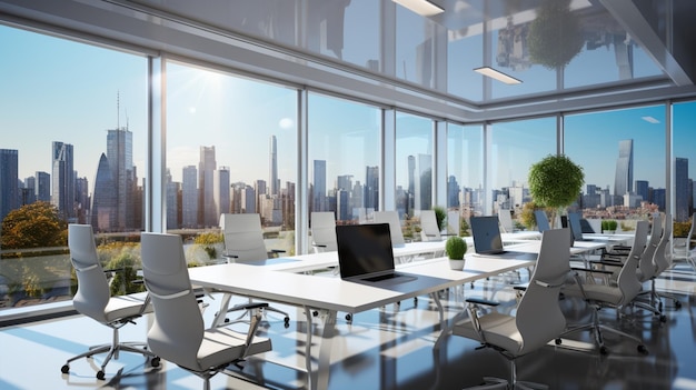 A modern office with a view of the city