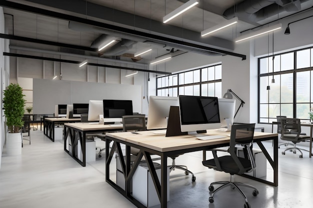 A modern office with a white ceiling and a large windows.