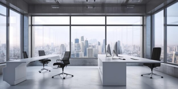 Современный офис с окном и видом на город в помещении яркий Генеративный AI AIG18