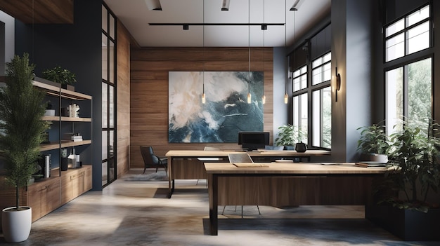 A modern office with a wooden desk and a large window that says'the word'on it '