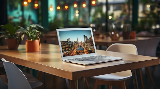 modern office workplace with laptop and cup of coffee on table