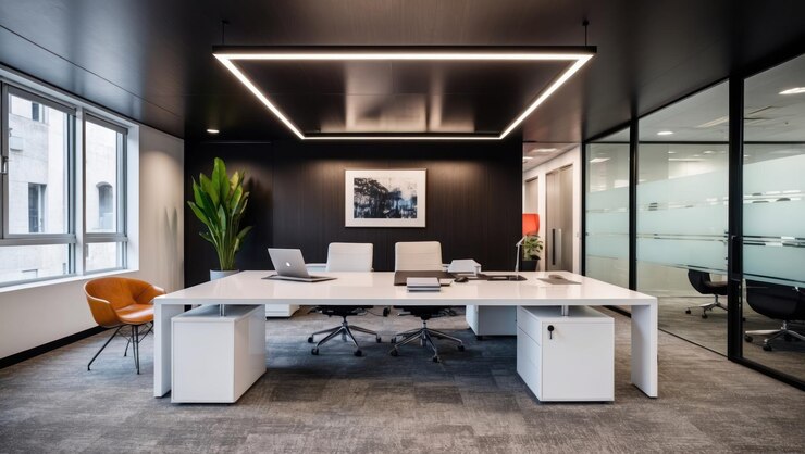 Photo a modern office workspace featuring a clean organized design