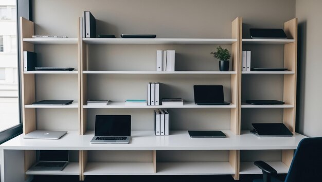 Photo a modern office workspace featuring organized shelves and technology