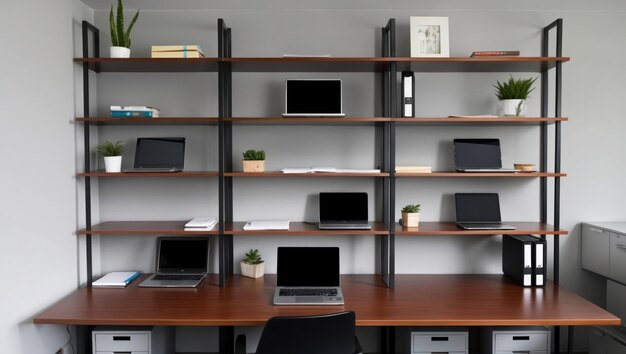 Photo a modern office workspace featuring organized shelves and technology