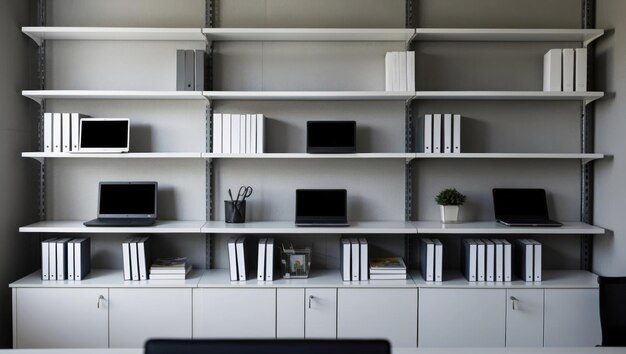 Photo a modern office workspace featuring organized shelves and technology