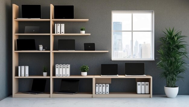 Photo a modern office workspace featuring organized shelves and technology