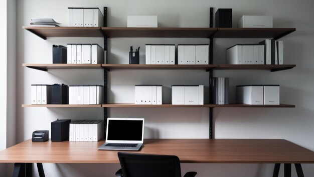 Photo a modern office workspace featuring organized shelves and technology