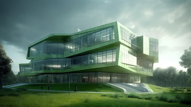 Modern onderwijs kantoorgebouw met groene eco concept AI gegenereerd