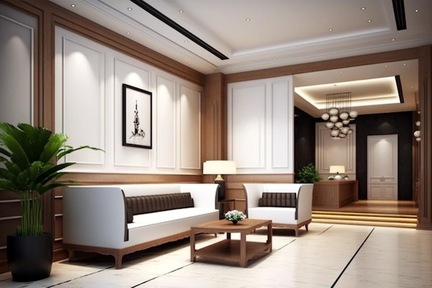 Modern ontwerp van het interieur van de lobby met houten materiaal Generatieve ai illustratie