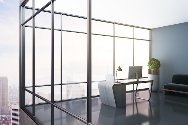 Modern ontwerp van kantoorinterieur met panoramische ramen uitzicht op de stad daglicht werkplek met desktop- en computermonitor en decoratieve plant 3D-rendering