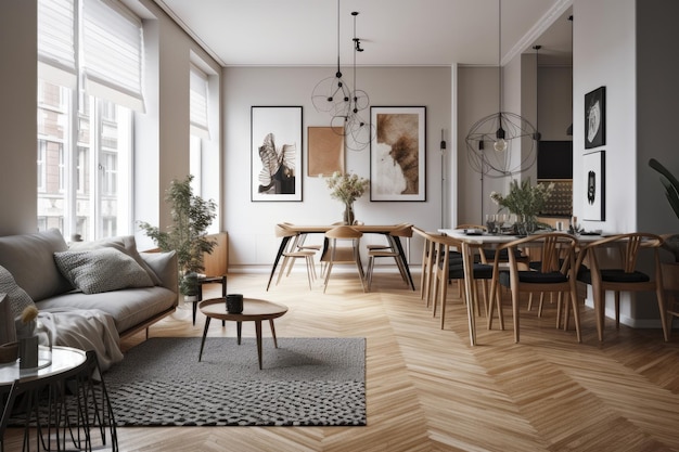 Foto modern open concept appartement met een stijlvolle woon- en eetkamer in de stad