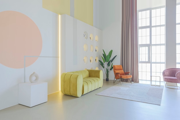 Modern open-plan room interior in futuristic style in pastel colors with graphic wall decoration. very high ceilings and a huge window. soft stylish furniture with gold metallic elements