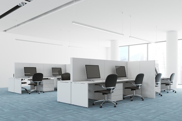 Modern open space office corner with a blue carpet floor, white and glass walls, and computer tables. 3d rendering mock up