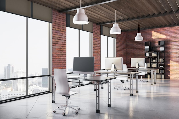 modern open space office with big windows tables with computers office chairs and shelves with folders workplace and company concept 3d rendering