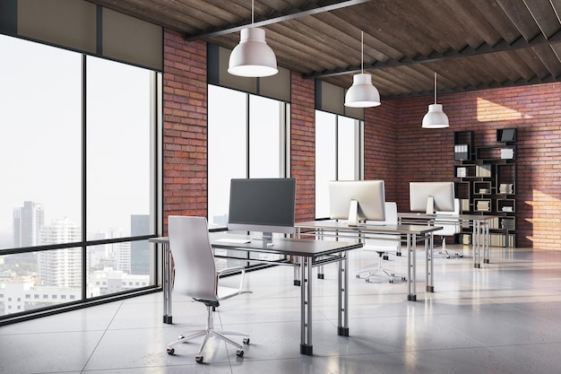 Modern open space office with big windows tables with computers office chairs and shelves with folders Workplace and company concept 3D Rendering