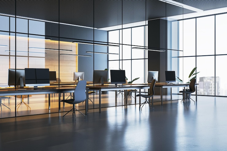 Photo modern openplan office interior with sleek furniture and large glass windows showcasing an urban city view 3d rendering