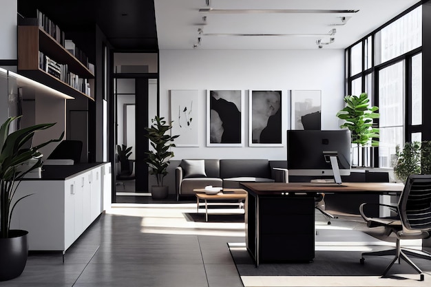 Современный офис открытой планировки с элегантной мебелью и минималистским декором, созданный с помощью генеративного искусственного интеллекта.